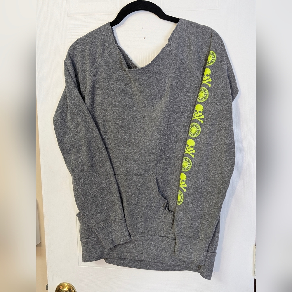 Soul Cycle Large Sweetheart Neck Gray Sweatshirt with Neon Yellow Skull Design